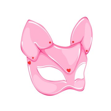 Pink cute animal mask with ears and hearts for Valentine's Day party, masquerade or cosplay, hand drawn illustration isolated on white.