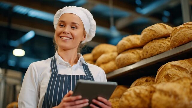 258Angled shot of a female baker using tablet to monitor bread quality, shelves filled with golden brown loaves, modern bakery factory, professional food technologist concept