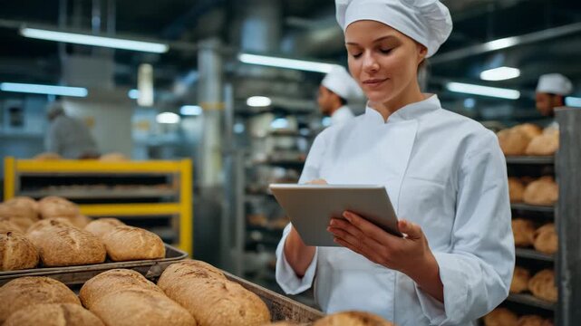 266Wide close-up of female food technologist standing at bakery display, tablet in hand, rows of freshly baked bread in trays, modern factory interior, professional banner composition