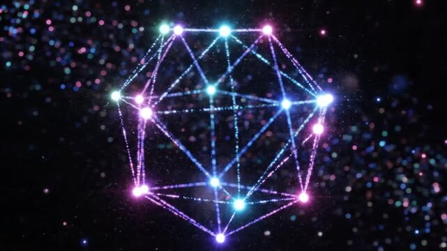 Animated 3D dodecahedron glittering with neon particles against a backdrop of stars and bokeh
