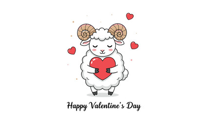 Fototapeta premium Cute white ram holding a large red heart celebrates valentine day with floating hearts and happy holiday wishes on white.