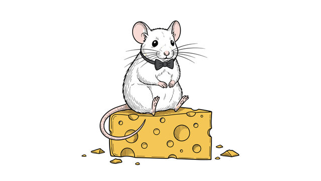 Detailed hand drawn illustration of a white mouse wearing a black bowtie and sitting on a wedge of yellow Swiss cheese with crumbs.
