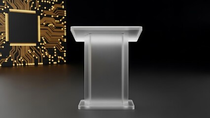 Glass podium with circuit board background for tech presentation