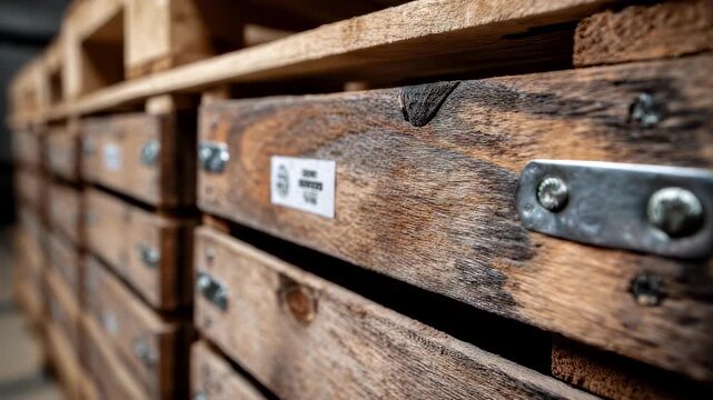 Closeup medium view of humidity sensors installed on wooden crates capturing condensation control with the wood grain clearly visible and surroundings softly blurred.
