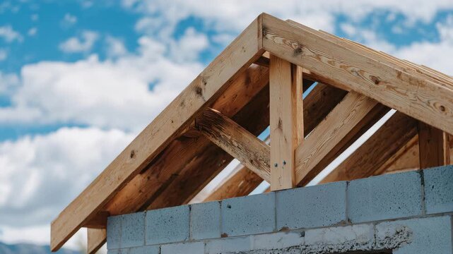 475Low-angle close-up of wooden roof trusses, rough-cut timber textures visible, concrete block walls beneath, cloudy dramatic sky as backdrop, new building framework concept