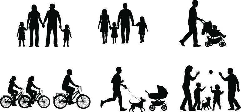 Family people silhouette set showing parents and children walking, cycling, stroller, dog walking and playing activities, black lifestyle vector icons isolated on white background