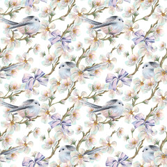 A seamless watercolor pattern featuring a titmouse on blossoming apple branches, adorned with a purple bow. Hand-drawn illustration for wedding and spring holiday designs.