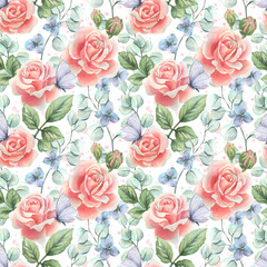A seamless watercolor pattern with pink roses, delicate eucalyptus branches, blue flowers, and butterflies. Hand-drawn illustration for spring holiday and wedding designs.