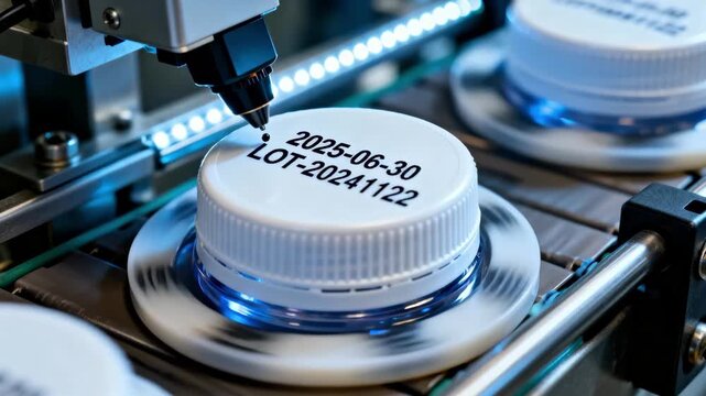 Closeup of automated inkjet printer marking precise expiry dates and batch codes on plastic bottle caps during packaging.