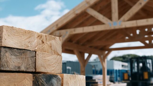 483Overhead angled close-up of wooden roof structure, blocks stacked beneath, cloudy sky in soft focus background, unfinished construction, geometric and architectural composition