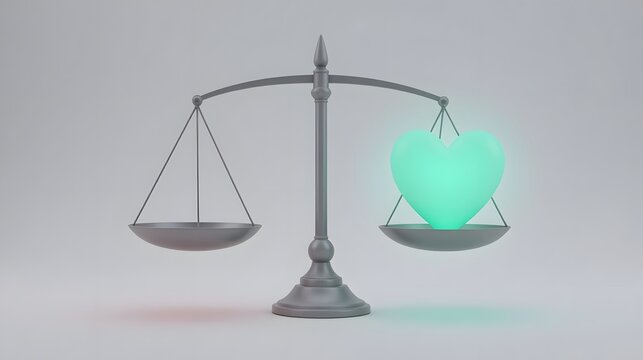 A scale balancing an empty tray and a glowing heart, symbolizing emotional equilibrium and harmony in a serene environment from a straightforward viewpoint.