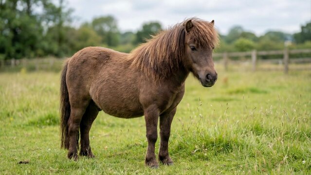 Shetland pony standing on green meadow in natural daylight