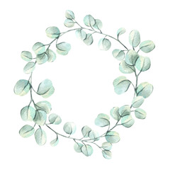 Fototapeta premium A green watercolor wreath of eucalyptus leaves and branches, round frame, and text template. A botanical frame design for a spring holiday card or wedding invitation.