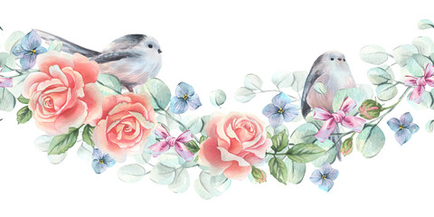 Pink roses with titmice, eucalyptus branches, and cute bows. Hand-drawn watercolor illustration. Seamless border pattern, floral garland for spring wedding and holiday designs. © NATASHA-CHU