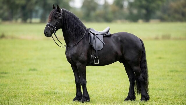 Friesian horse in black saddle standing on green pasture outdoors