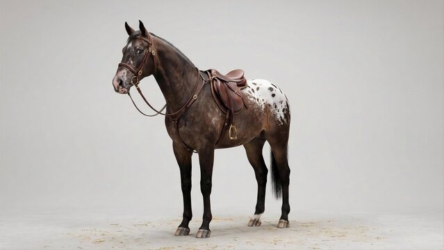 Appaloosa horse with saddle in clean studio setting