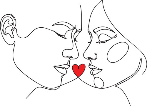 Continuous line drawing of a romantic couple with red heart, minimalist face art.