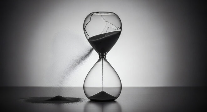 Elegant hourglass with sand escaping sideways, representing lost time, impermanence, and life passing unnoticed.