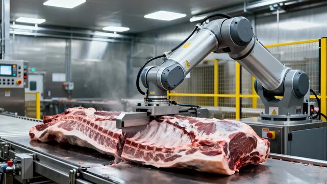 Industrial medium shot shows a guided robotic saw adjusting height to split large carcass pieces accurately enhancing efficiency in a modern slaughterhouse environment.