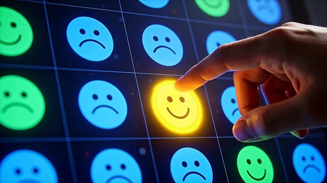Hand selecting smiley face on digital screen