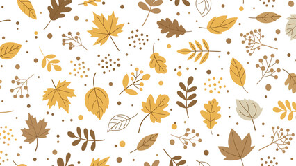 Obraz premium Cozy seamless pattern featuring various autumn leaves, acorns, and berries in warm earthy tones like orange, brown, and mustard on a white background.