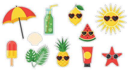 Fototapeta premium Adorable set of summer themed stickers featuring smiling characters like sun, pineapple, and watermelon wearing heart shaped sunglasses.