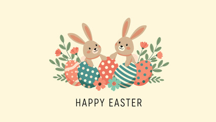 Two adorable Easter bunnies sitting among colorful decorated eggs and spring flowers on a soft cream background with celebratory text.