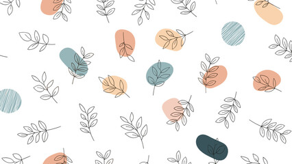 Delicate botanical pattern featuring fine black line leaf branches and abstract organic shapes in soft pastel colors on a white background.