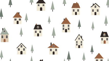 Simple illustration of a village or neighborhood with various small houses and pine trees scattered across a plain white background.