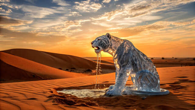 A crystalline tiger emerges from the desert sands