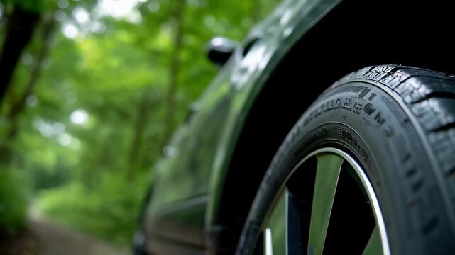 Closeup of ecofriendly tire made from recycled materials spinning on vehicle highlighting sustainable innovation with blurred green nature background.