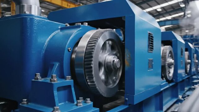 Blue industrial rollers churn in a steel mill; conveyors hum under bright,haloed workshop lights!!!
