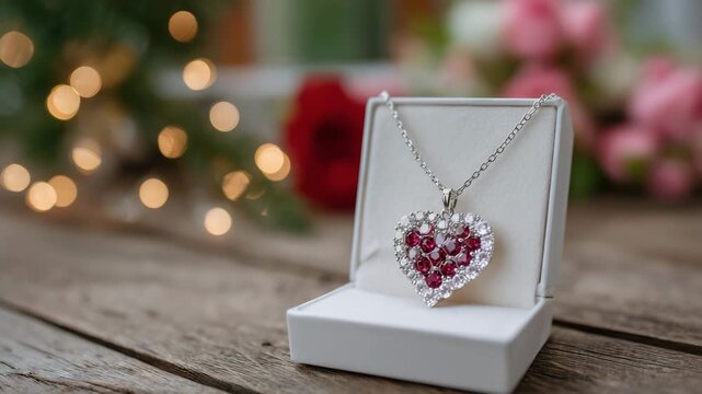 518Close-up of jewelry box with heart-shaped necklace, romantic soft-focus background, modern Valentine&rsquo;s Day setting