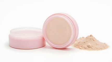 Powder compact container with loose powder on white surface viewed from the front