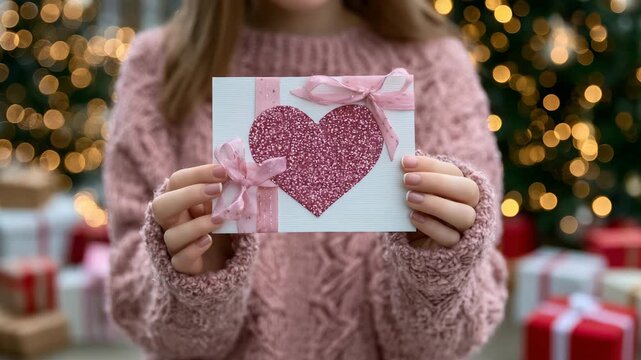 519Macro of a glittery Valentine&rsquo;s Day card, hands holding it over a pile of small gifts and ribbons