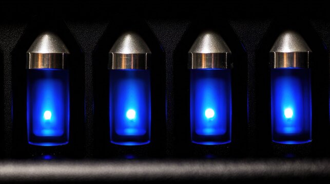 rack. Close-up of glowing blue server rack lights creating an abstract technological pattern on a dark background. product launch decks.