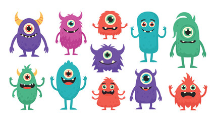 Obraz premium Fun collection of colorful cute monsters with various eyes and shapes for creative children party and game design.