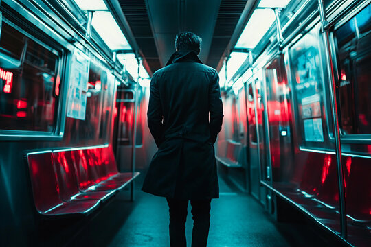 Urban subway scene with stylish person riding train through city local public transportation commute generative ai