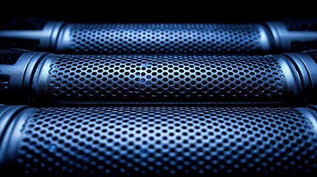 rack. Close-up of glowing blue server rack lights creating an abstract technological pattern on a dark background. product launch decks.