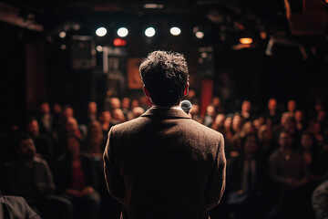 Stand-up comedian performing live on stage with microphone, vibrant concert ambiance created with generative AI