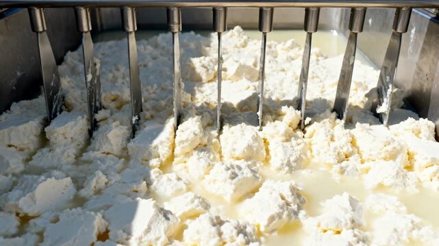 Industrial knives methodically slice dense curd in an open vat for creamy cottage cheese emphasizing the chunk formation and whey separation process.