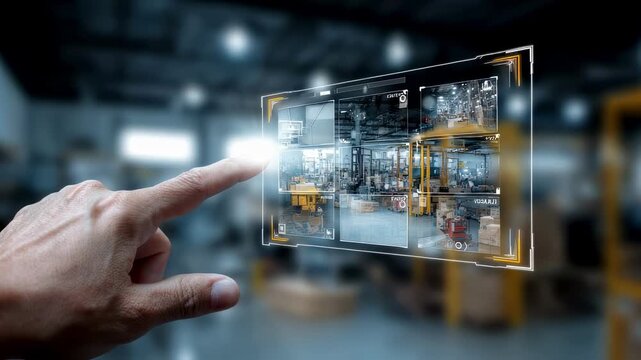 AIdriven inventory system screen in sharp focus with hand gestures interacting while the workshop environment remains out of focus.