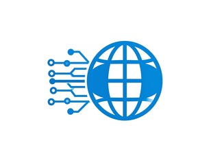 A blue digital globe is intersected by a circuit board design on the left, symbolizing global connectivity and technology