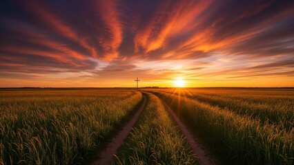 Obraz premium Serene sunset over golden fields