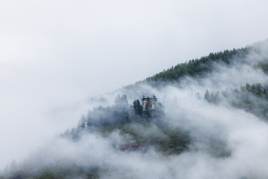 View of a building amidst the dense, ethereal fog clinging to the lush green hillside, creating a mystical scene, Paro, Bhutan.