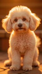Obraz premium Fluffy dog with soft fur, sitting calmly in warm sunlight, showcasing cute expression and bright eyes