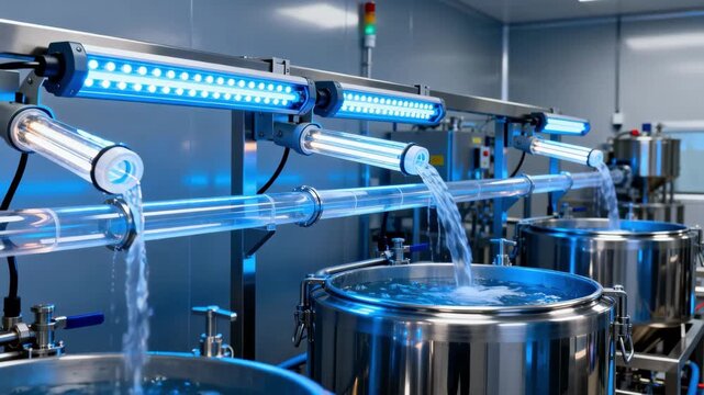 Closeup medium view showcasing clean tanks and UV sterilization components in a hightech water reclamation setup for noncontact process water.