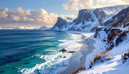 A breathtaking coastal vista featuring an azure sea, sandy shore, snowy peaks and a partly cloudy sky