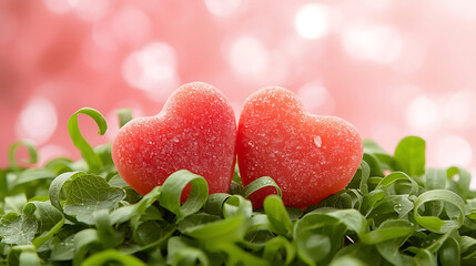 Two heart-shaped candies on green leaves illustration