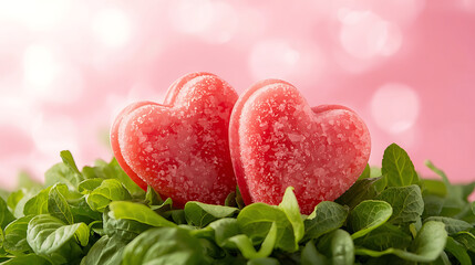 Heart-shaped candies on green leaves illustration
